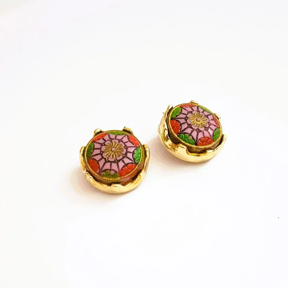 Women's Round Colorful Mandala Earrings Gold Tone Cabochon Clip On Jewelry